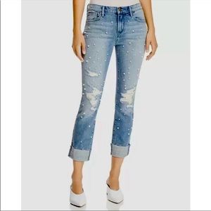 Aqua Pearl Embellished Distressed Straight Leg Jeans Ankle Cropped Size 26